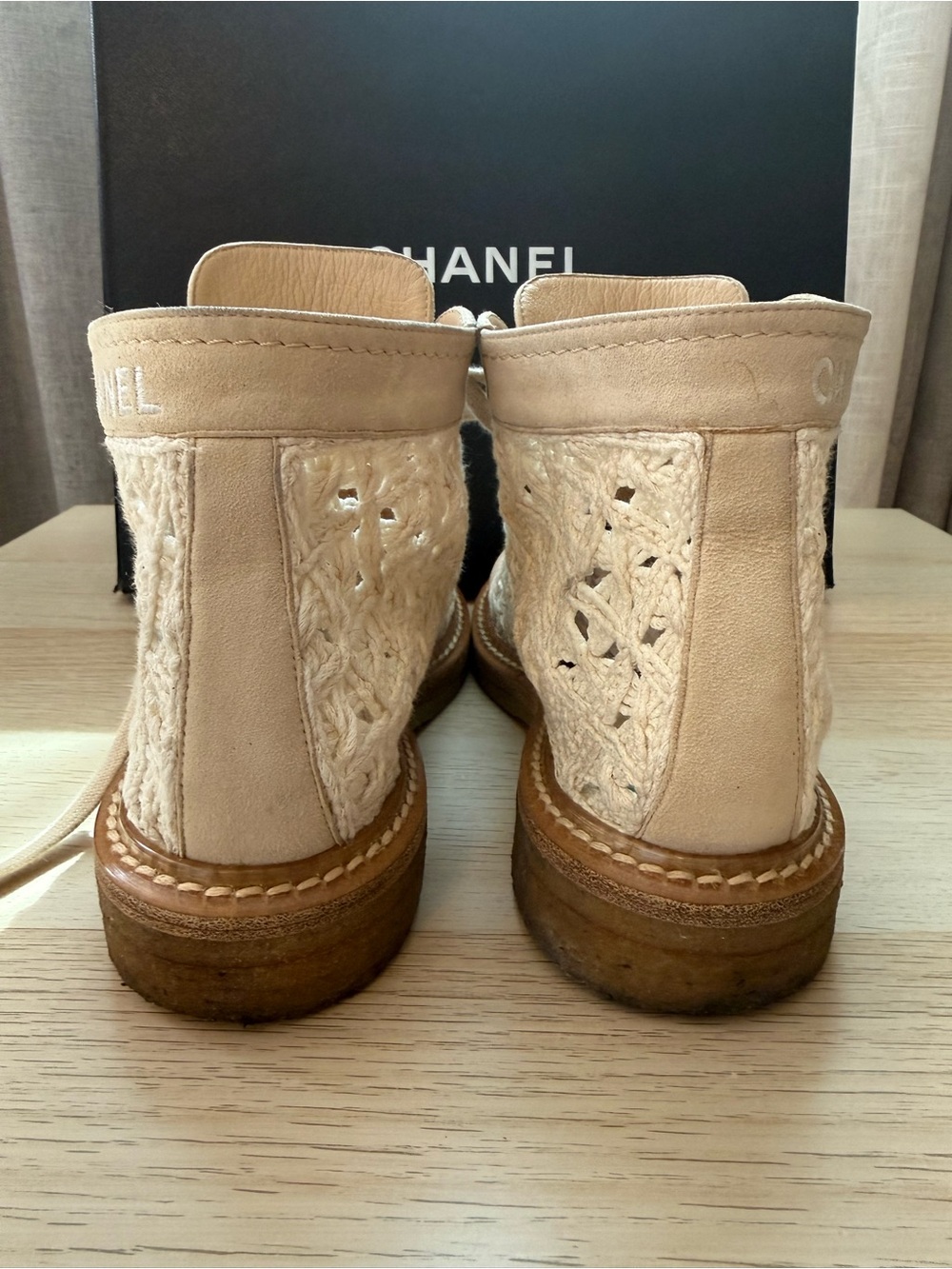 CHANEL Cream Crochet Lace-Up High-Top Boots - Picture 6 of 15
